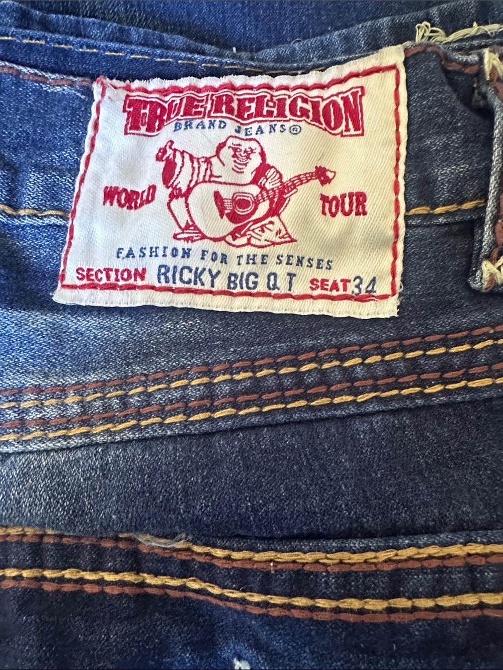 True Religion Ricky Big QT Contrast Stitching Men’s Blue Jeans Size 36x34